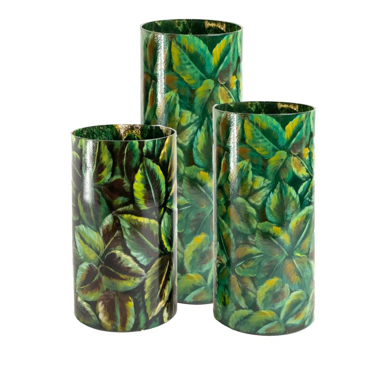 Cilindro Vidro C/ Pintura à Mão Folhas Verdes
