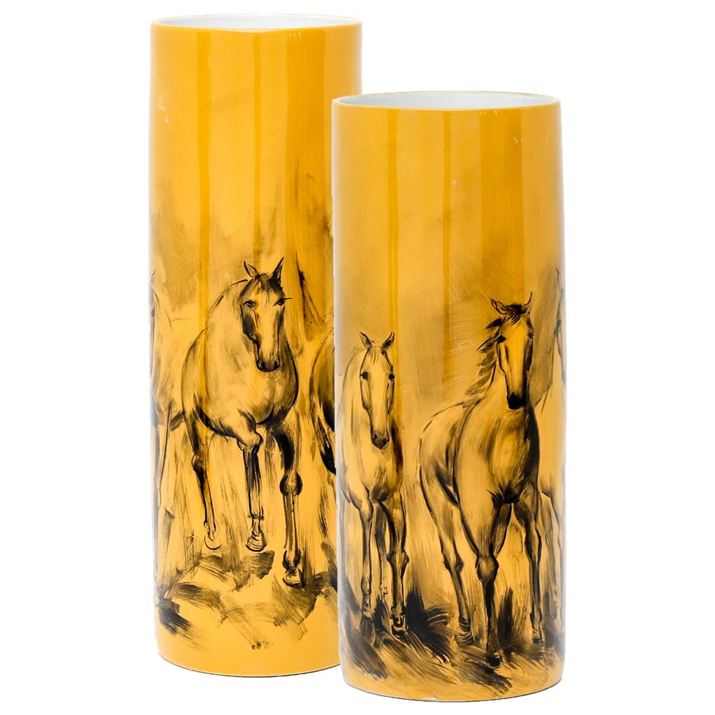 Jarra Cilindrica Amarelo Torrado Pintura Cavalos