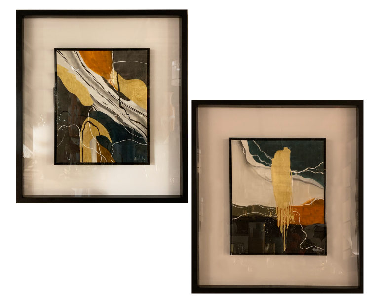 Moldura Preta e Ouro C/ Vidro e Pintura Menina Brincos Pérola