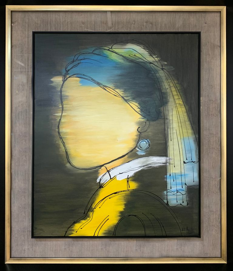 Moldura Preta e Ouro C/ Vidro e Pintura Menina Brincos Pérola