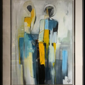 Moldura Preta C/ Vidro C/ Pintura Pessoas Tons Azuis