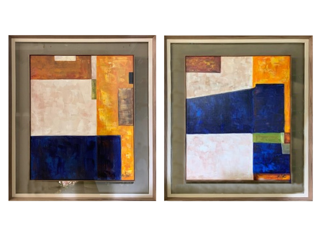 Moldura Madeira e Cinza C/ Vidro C/ Pintura Abstrata Tons Azuis e Laranja