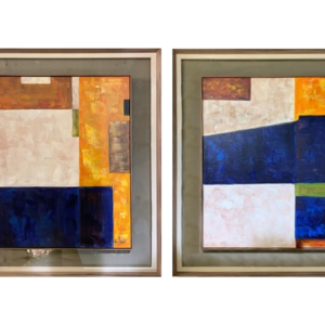 Moldura Madeira e Cinza C/ Vidro C/ Pintura Abstrata Tons Azuis e Laranja