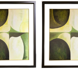 Moldura Preta C/ Vidro e Friso Dourado C/ Pintura Abstrata Tons Verde