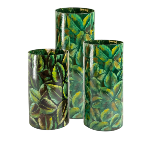 Cilindro Vidro C/ Pintura à Mão Folhas Verdes