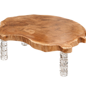 Mesa Centro Tampo Madeira Alto Brilho C/ Pés Cristal e Latão