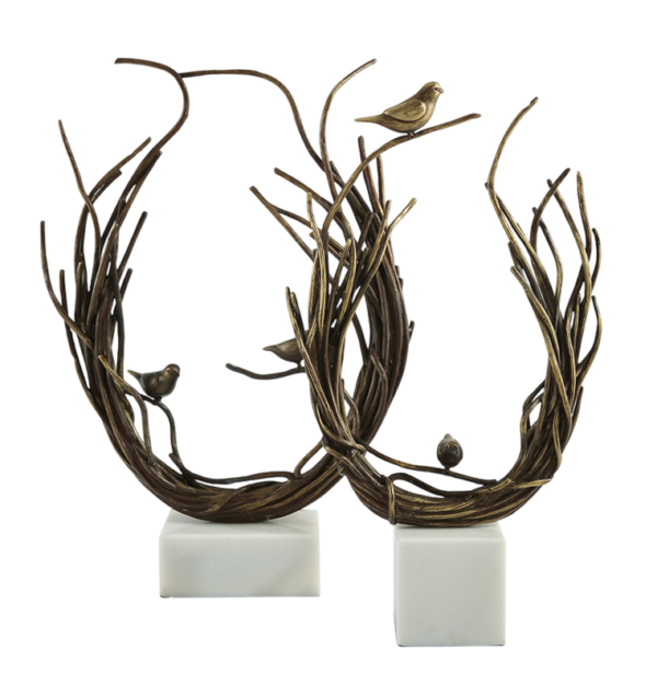Escultura Com Ramagem e Pássaro Cobre Com Base Mármore