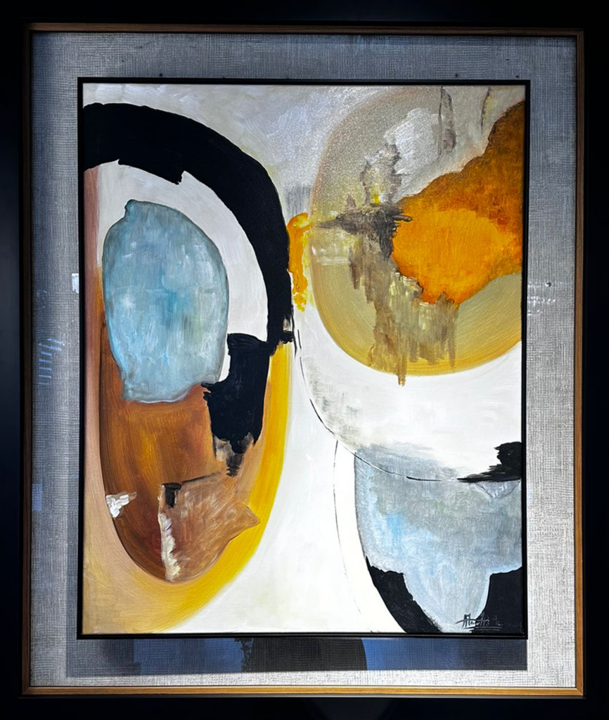 Moldura Preta e Madeira C/ Vidro Pintura Abstrata Tons Terra