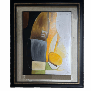 Moldura Preta C/ Moldura Ouro Bolas e Vidro C/ Pintura Abstrata Tons Terra