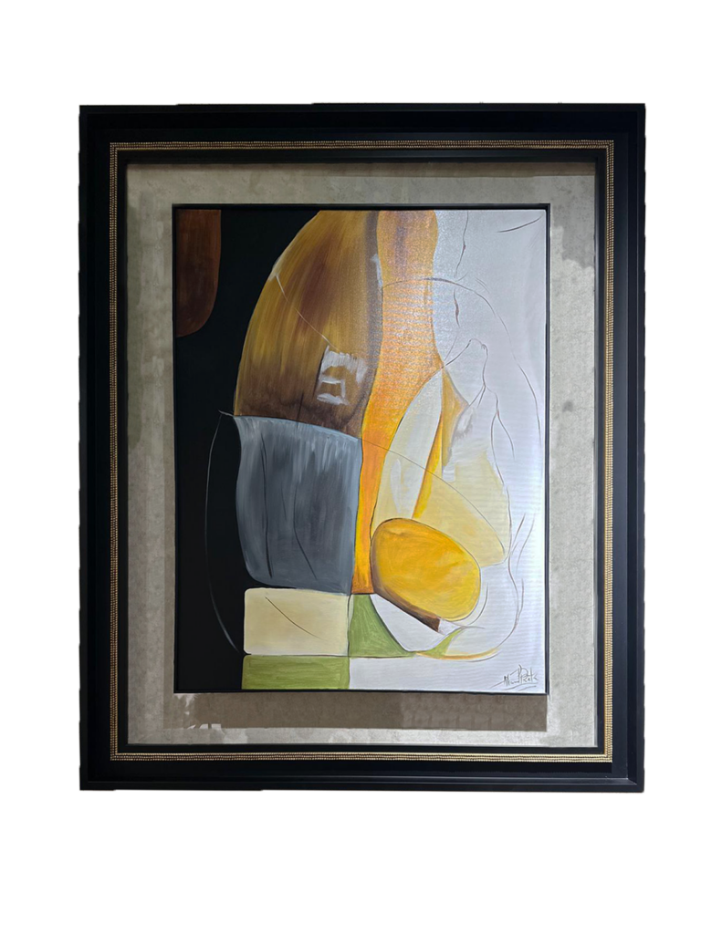 Moldura Preta C/ Moldura Ouro Bolas e Vidro C/ Pintura Abstrata Tons Terra