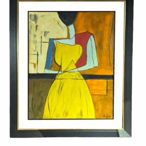 Moldura Preta e Dourada C/ Vidro e Pintura à Mão Mulher Tons Amarelos