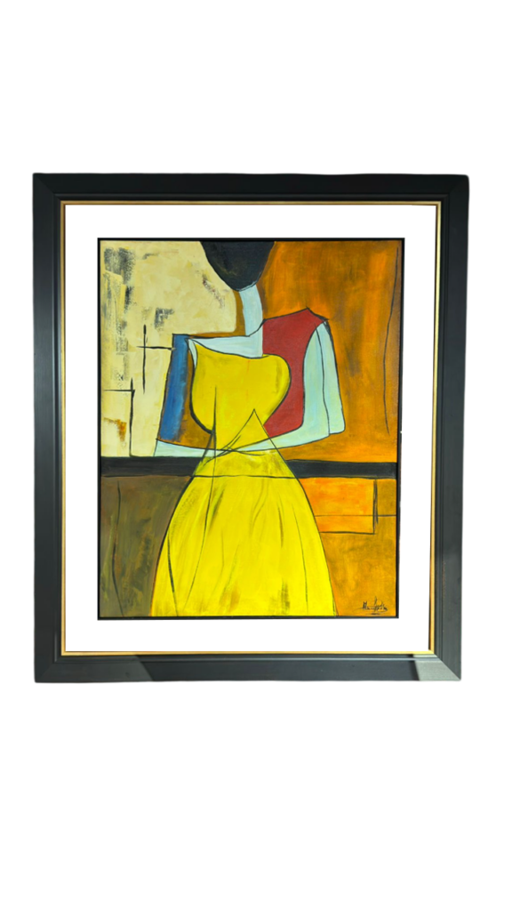 Moldura Preta e Dourada C/ Vidro e Pintura à Mão Mulher Tons Amarelos