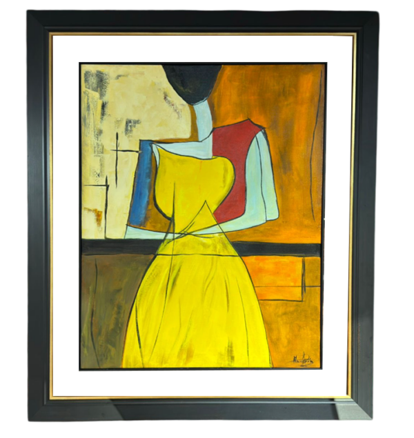 Moldura Preta e Dourada C/ Vidro e Pintura à Mão Mulher Tons Amarelos