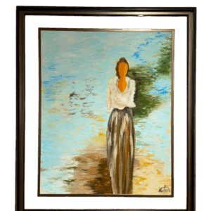 Moldura Preta  C/ Vidro e Pintura à Mão Mulher Tons Verdes e Azuis