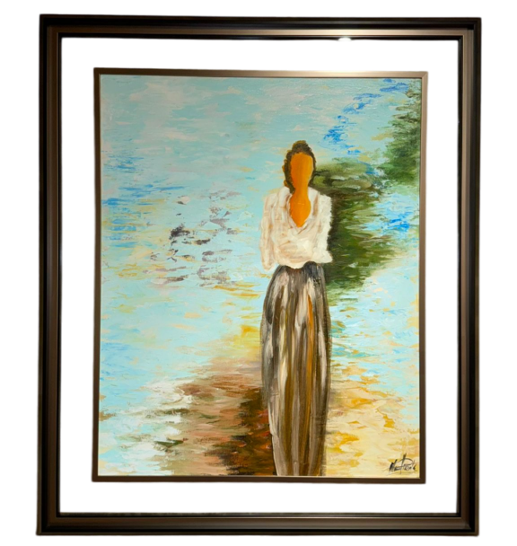 Moldura Preta  C/ Vidro e Pintura à Mão Mulher Tons Verdes e Azuis