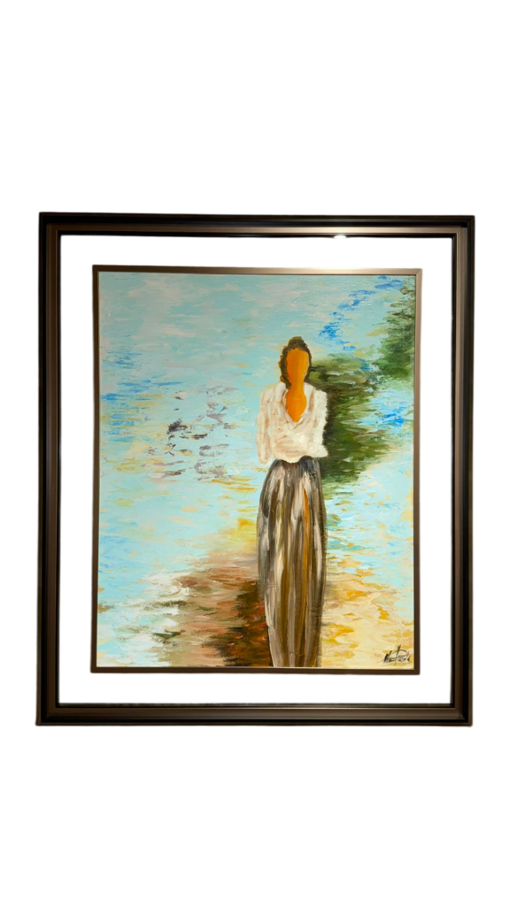 Moldura Preta  C/ Vidro e Pintura à Mão Mulher Tons Verdes e Azuis