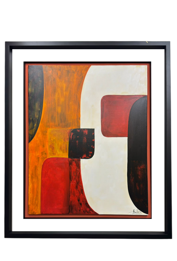 Moldura Preta C/ Cartolina Laranja e Vidro C/ Pintura à Mão Tons laranja