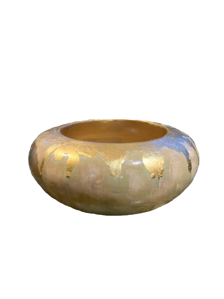 Taça Madeira Natural Redonda Com Pintura Salmão e Escorridos Folha Ouro