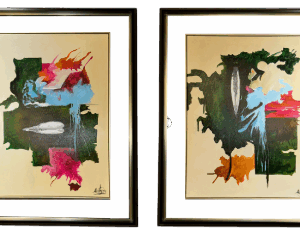 Moldura Preta C/ Dourado e Vidro C/ Pintura Abstrata Tons Verdes e Rosa