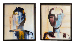Moldura Preta C/ Pintura à Mão Cara Tons Azuis e Salmão