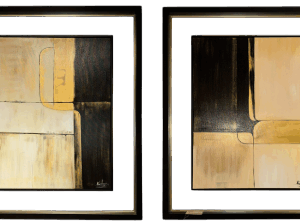 Moldura Preta Champanhe e Vidro C/ Pintura Abstrata Tons Pretos e Dourados