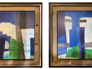 Moldura Preta / Prata e Vidro C/ Pintura Abstrata Tons Azuis e Verdes