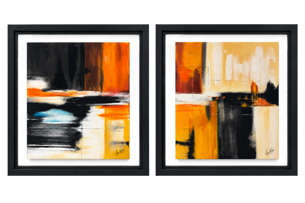 Moldura Preta Com Vidro e Pintura à Mão Abstrato Laranja e Preto