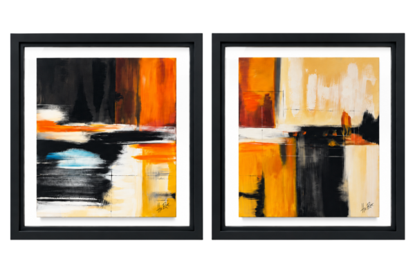 Moldura Preta Com Vidro e Pintura à Mão Abstrato Laranja e Preto