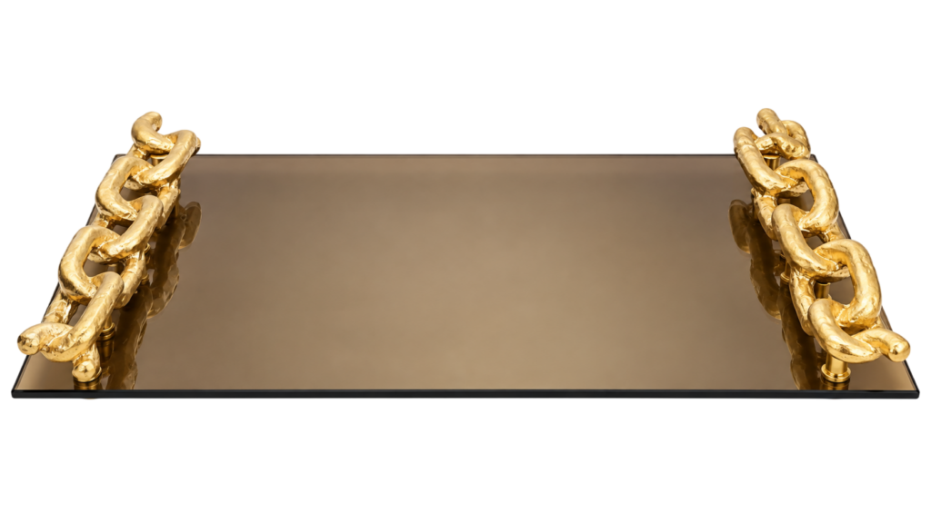 Tabuleiro Vidro Bronze com Pegas Correntes