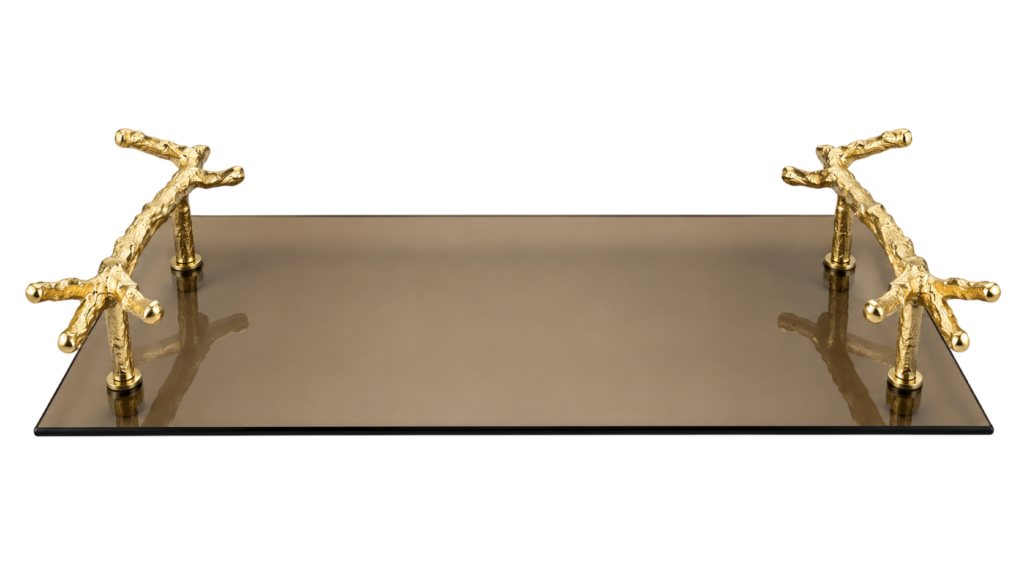 Tabuleiro Vidro Bronze com Pegas Ramagem 40x26cm
