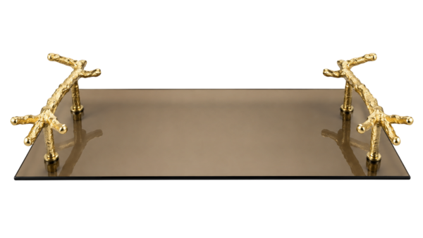 Tabuleiro Vidro Bronze com Pegas Ramagem 40x26cm