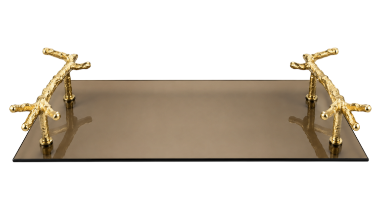 Tabuleiro Vidro Bronze com Pegas Ramagem 40x26cm
