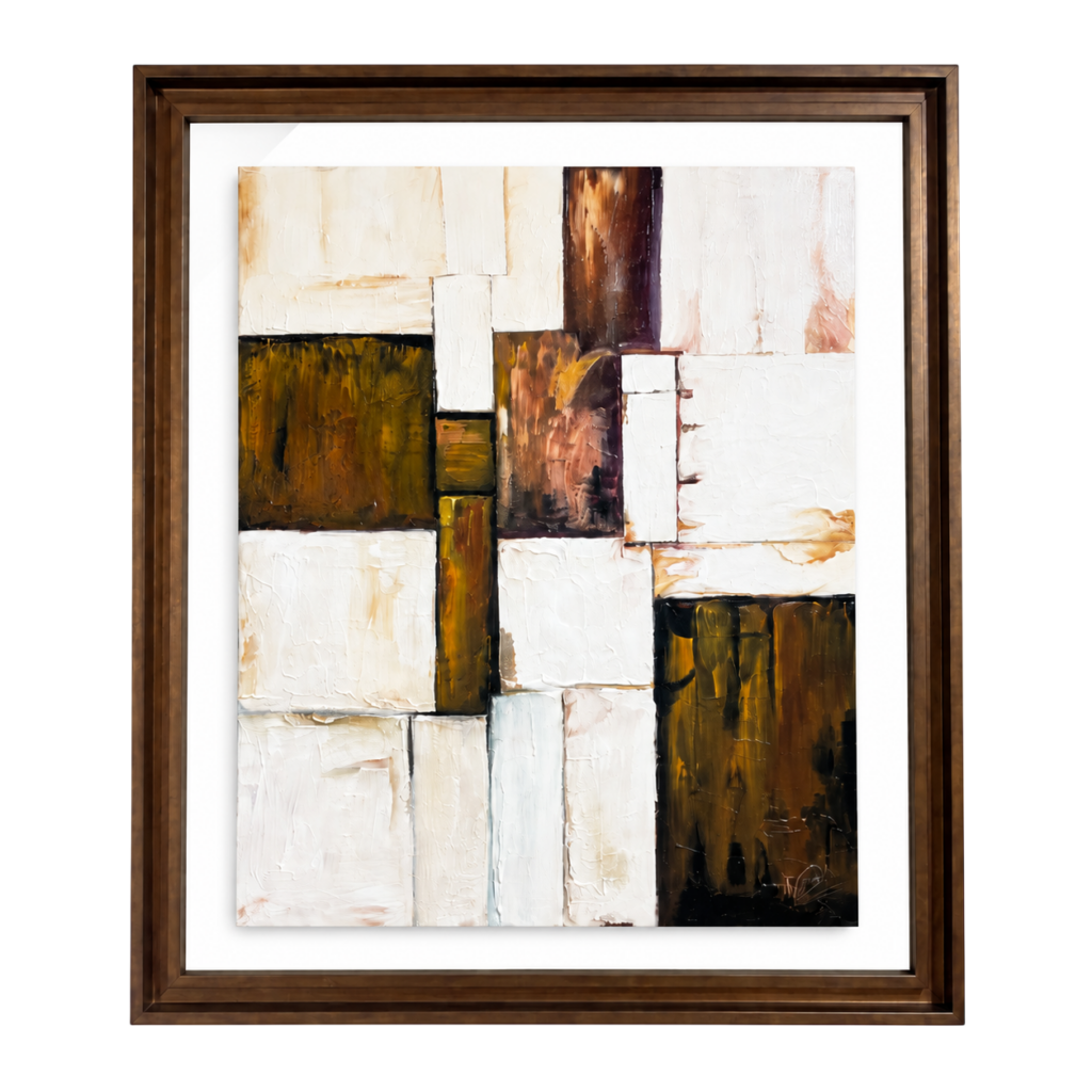 Moldura Castanha Com Vidro e Pintura à Mão Abstrato Branco e Castanho