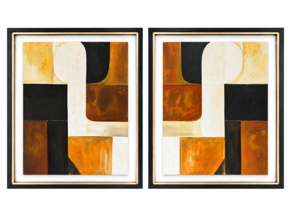 Moldura Preta Com Vidro e Pintura à Mão Tons Terra Geométrico