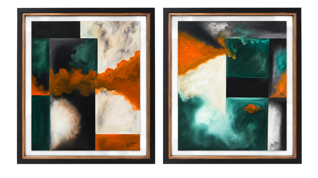 Pintura à Mão Abstrata Tons Laranja e Verde